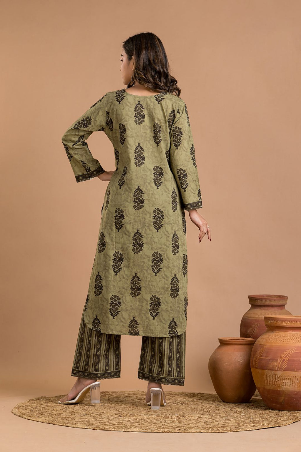 Olive Green Floral Print Kurta With Pant
