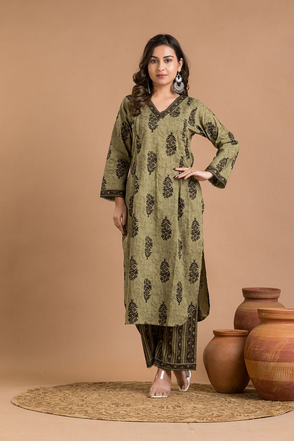 Olive Green Floral Print Kurta With Pant
