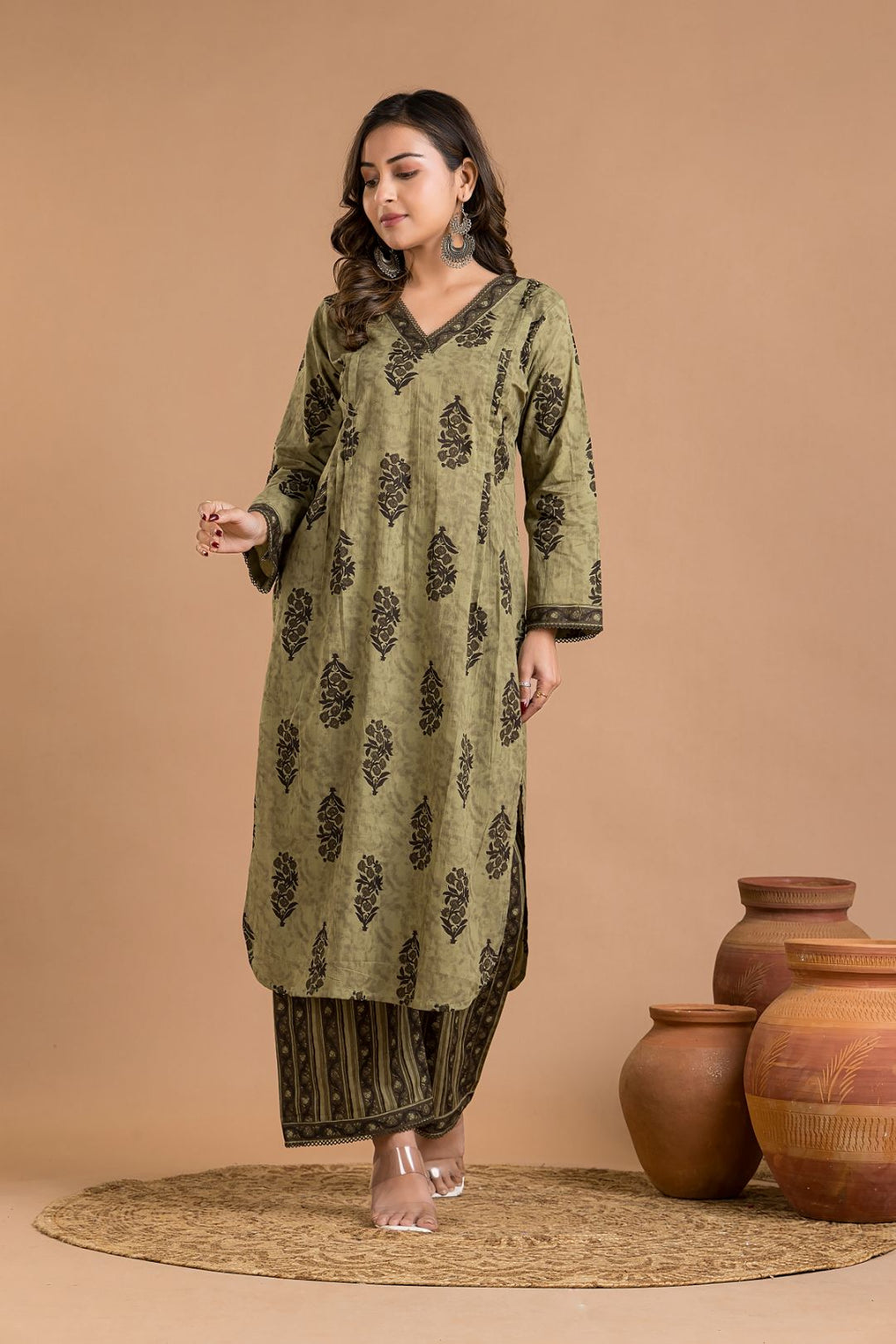 Olive Green Floral Print Kurta With Pant