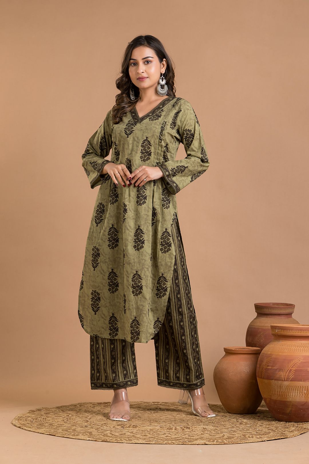 Olive Green Floral Print Kurta With Pant