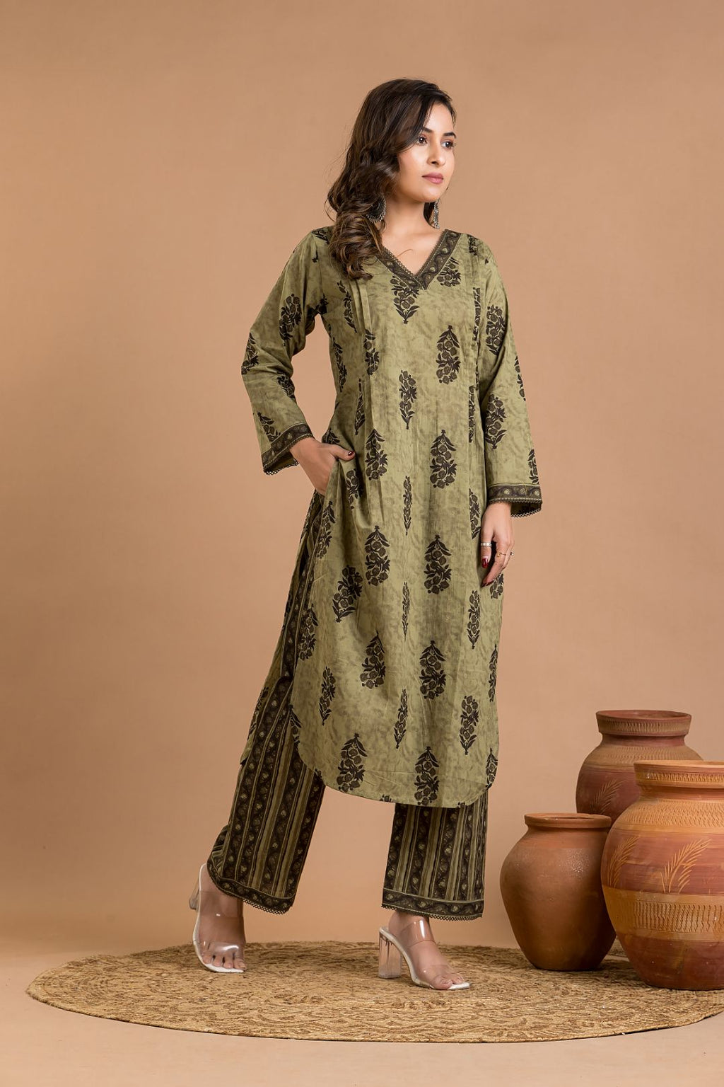 Olive Green Floral Print Kurta With Pant