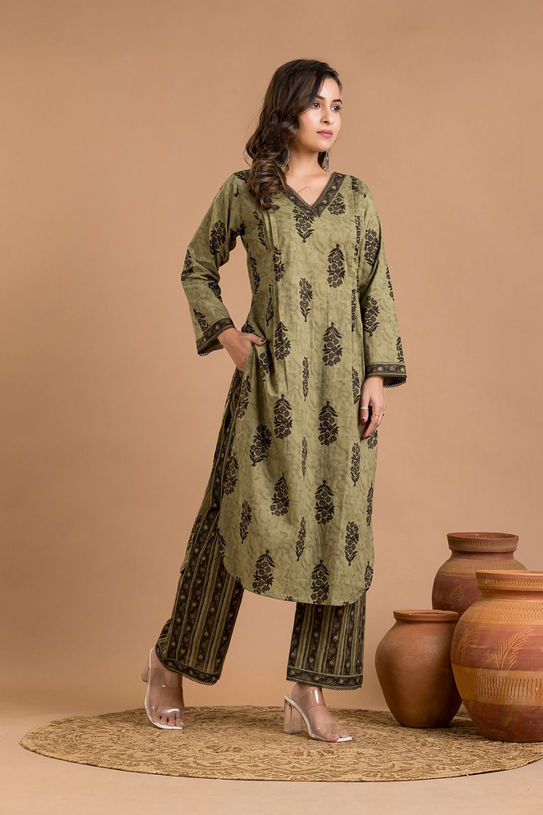Olive Green Floral Print Kurta With Pant