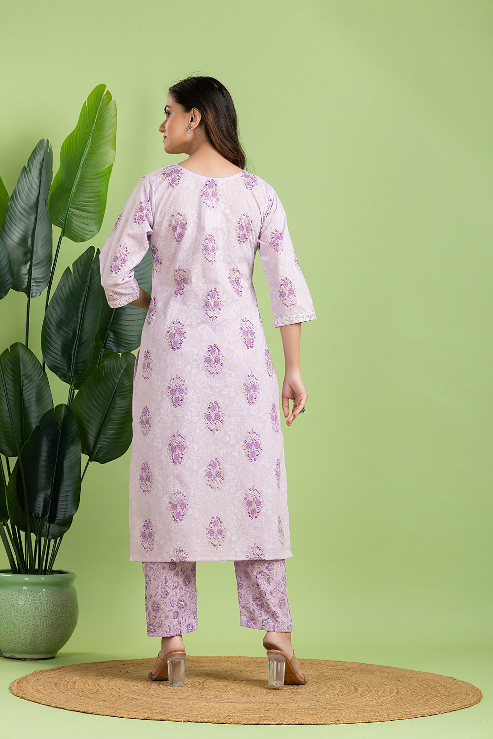 Lavender Floral Embroidered Kurta With Pant