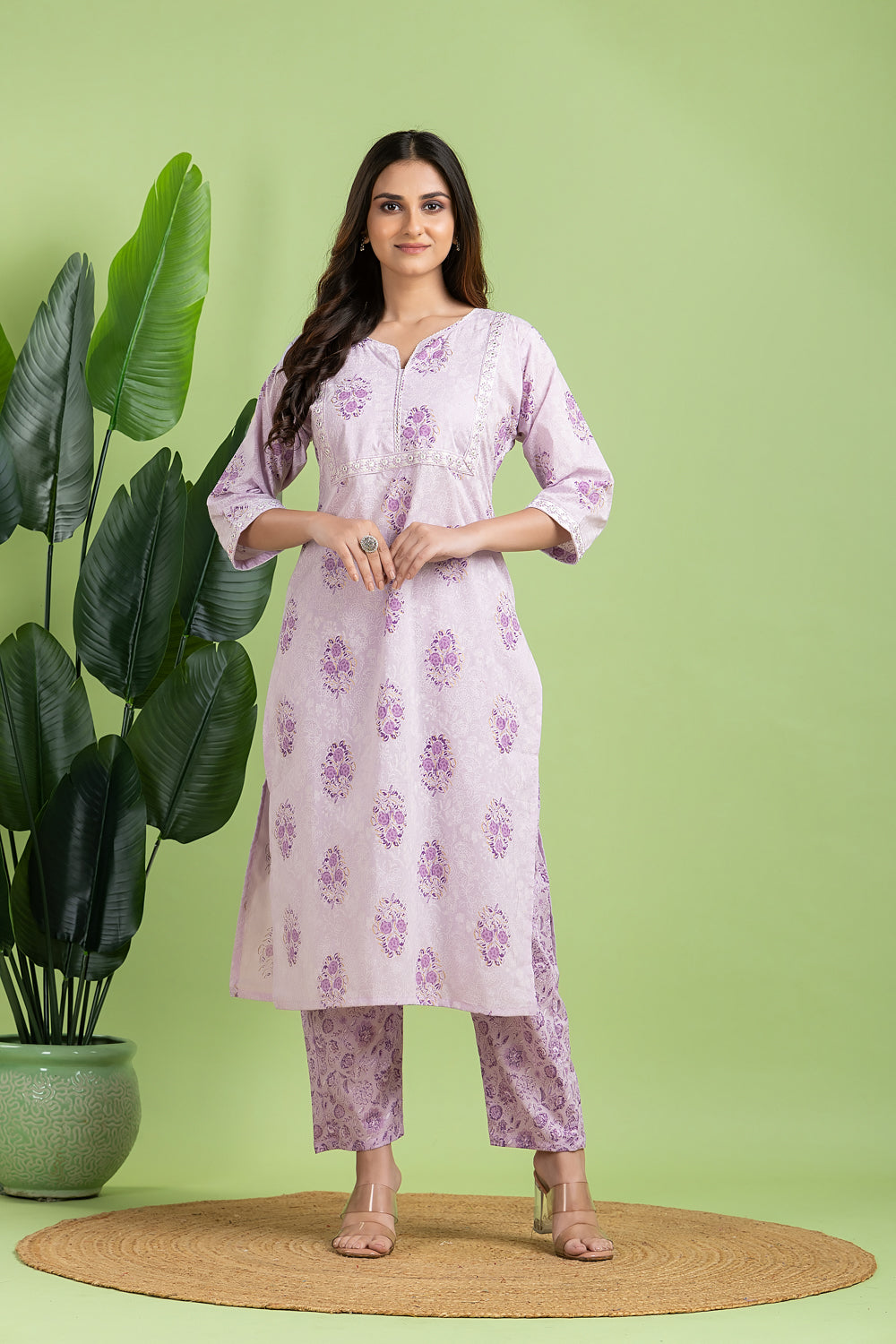 Lavender Floral Embroidered Kurta With Pant
