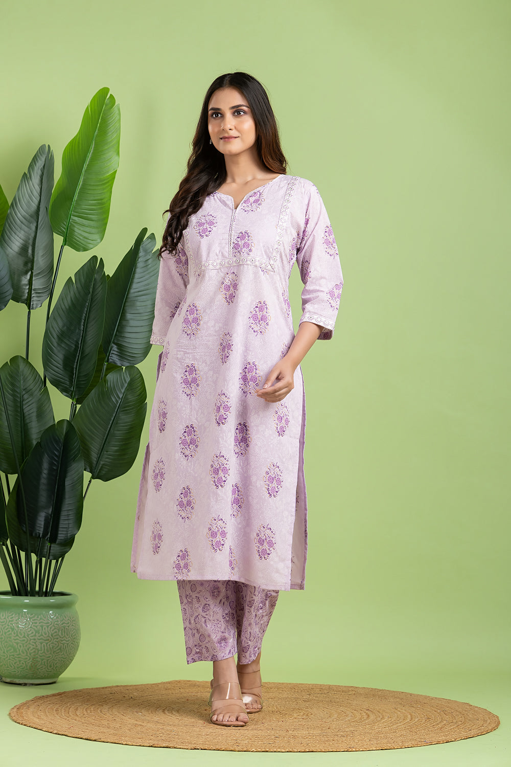 Lavender Floral Embroidered Kurta With Pant