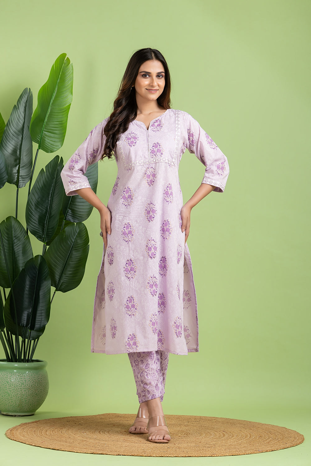 Lavender Floral Embroidered Kurta With Pant