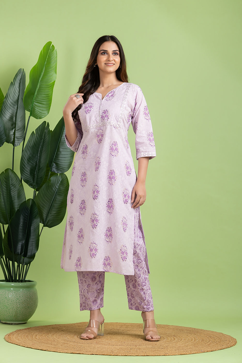 Lavender Floral Embroidered Kurta With Pant