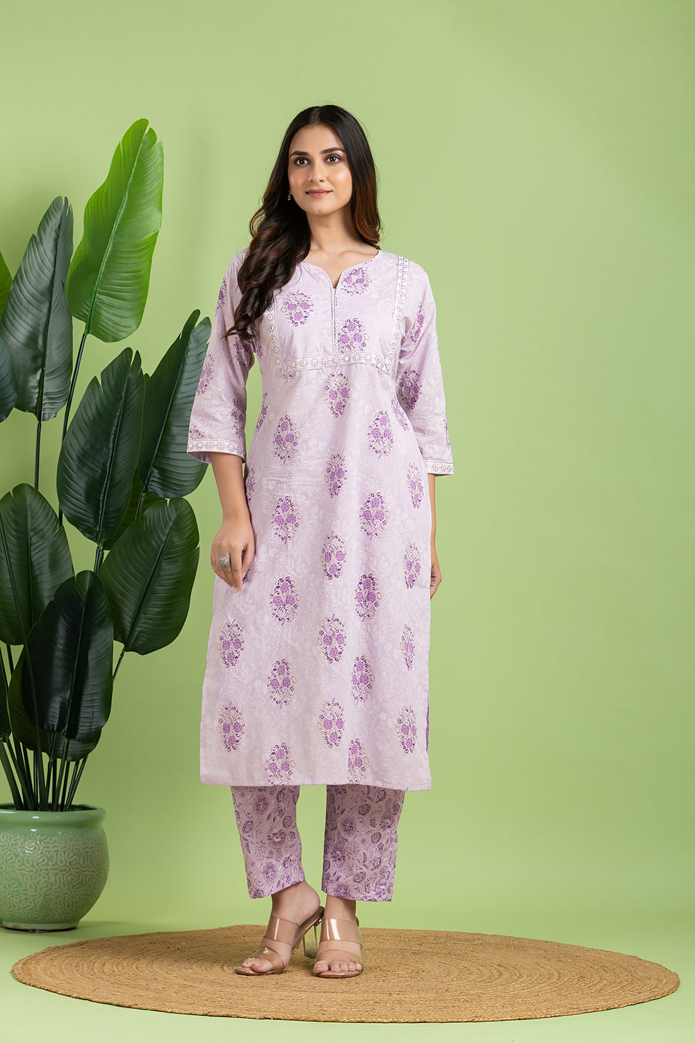 Lavender Floral Embroidered Kurta With Pant