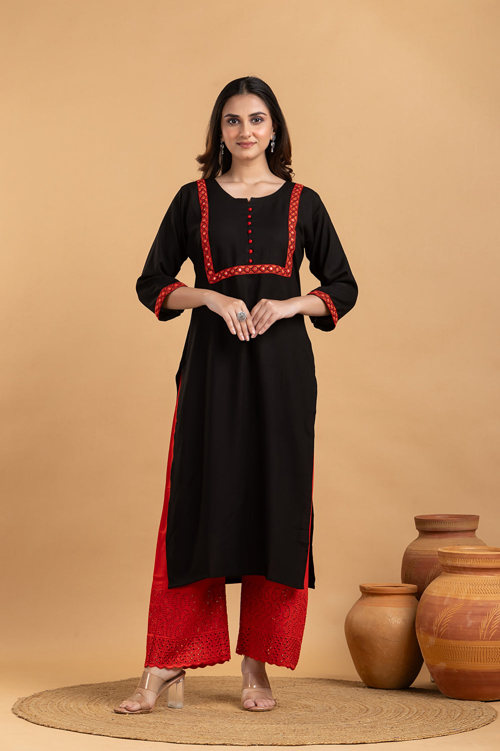Black & Red Embroidered Kurta With Palazzo