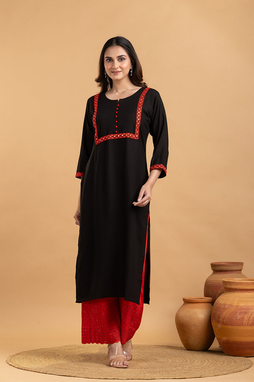 Black & Red Embroidered Kurta With Palazzo