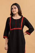 Black & Red Embroidered Rayon Kurta