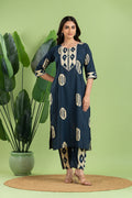 Teal Blue Geometric Print Kurta With Pant