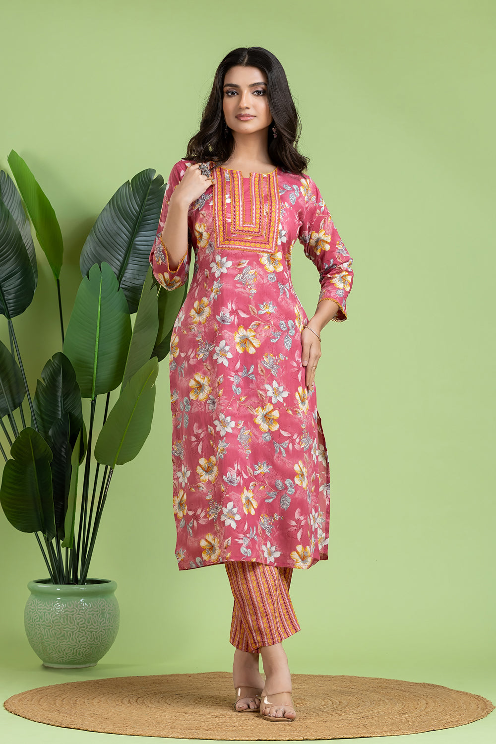 Pink & Yellow Floral Print Kurta With Pant