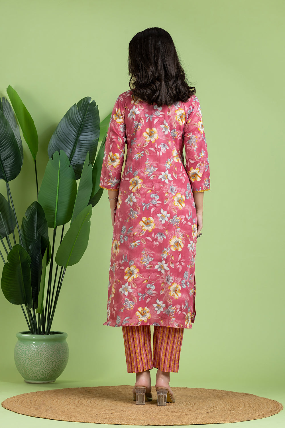 Pink & Yellow Floral Print Kurta With Pant