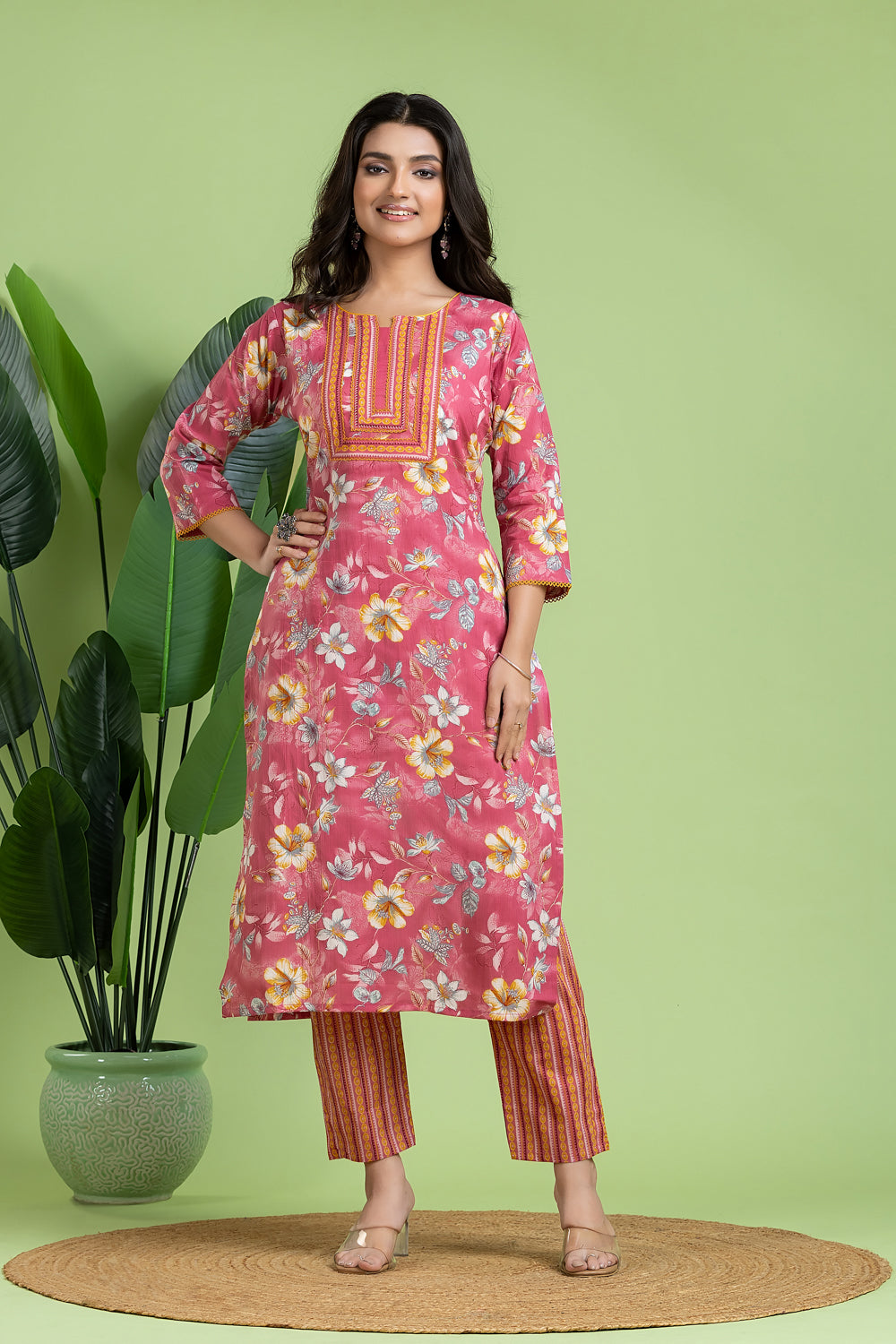 Pink & Yellow Floral Print Kurta With Pant
