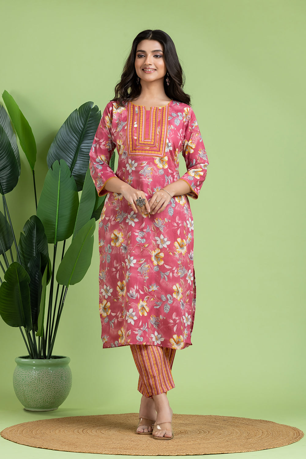 Pink & Yellow Floral Print Kurta With Pant