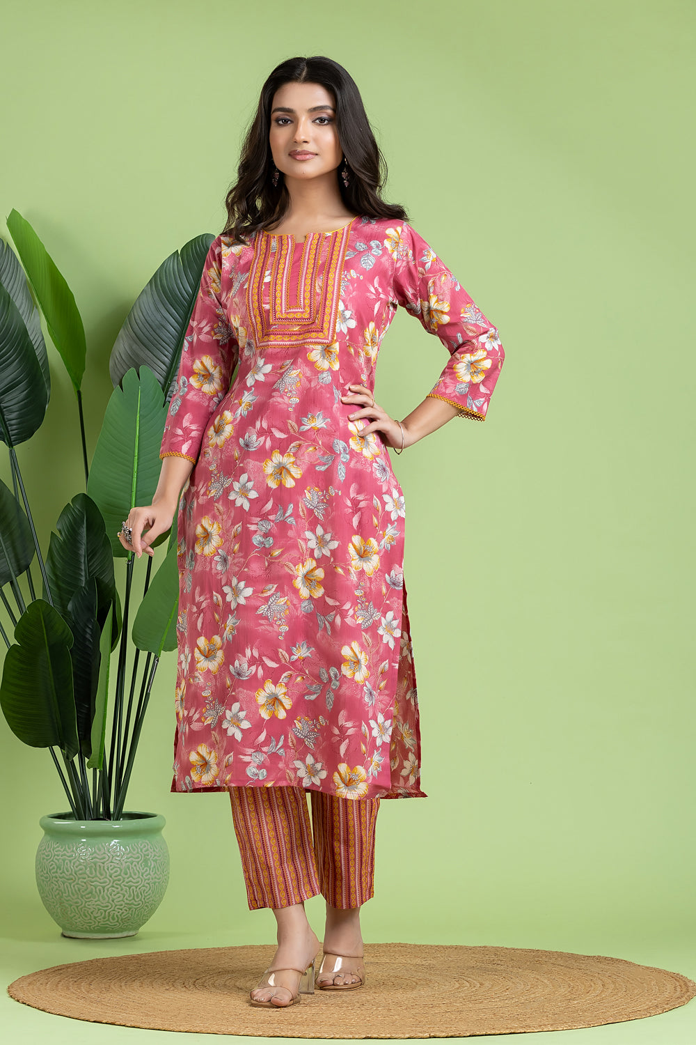 Pink & Yellow Floral Print Kurta With Pant