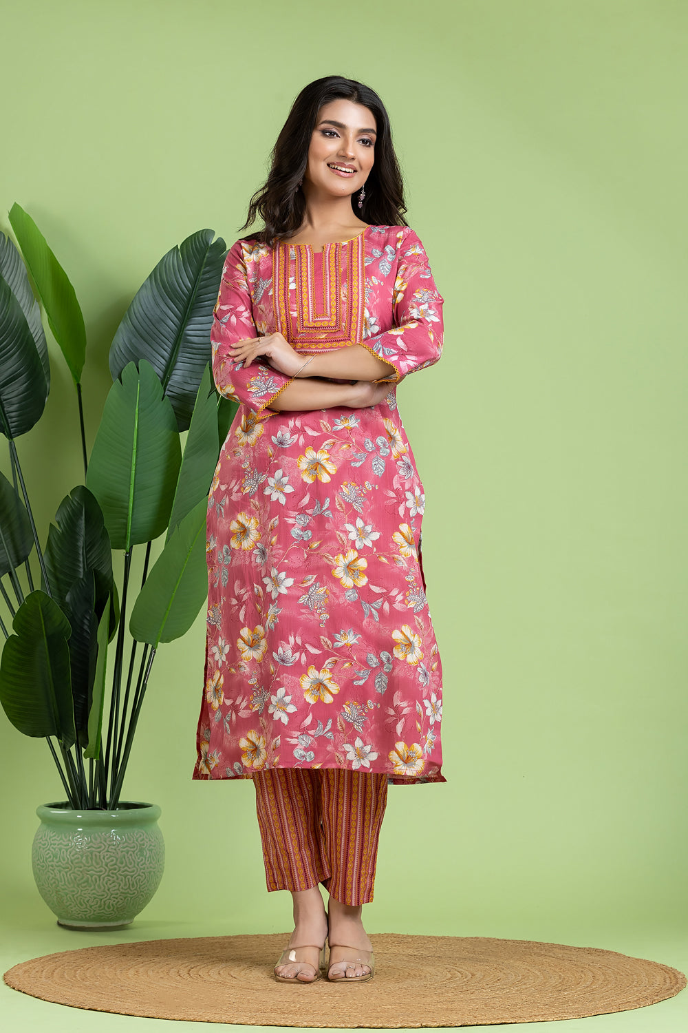 Pink & Yellow Floral Print Kurta With Pant