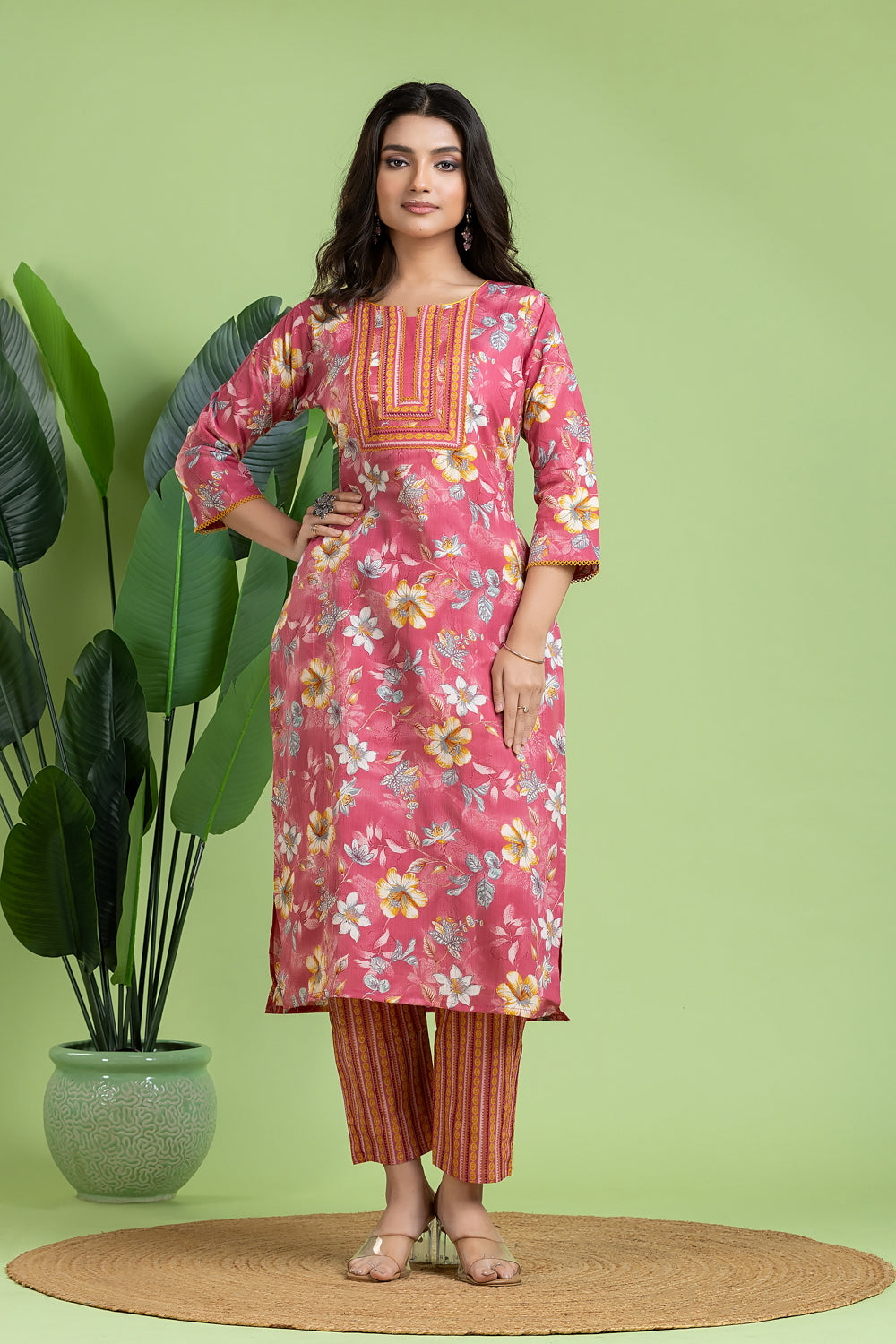 Pink & Yellow Floral Print Kurta With Pant