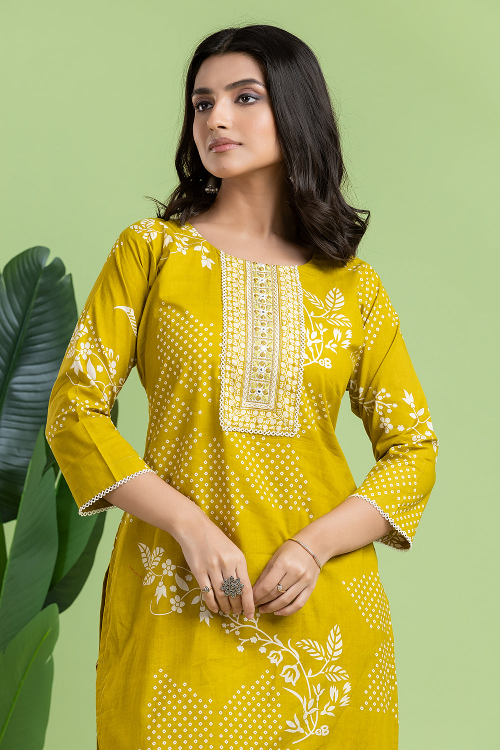 Yellow Green Floral Print Embroidered Kurta With Pant
