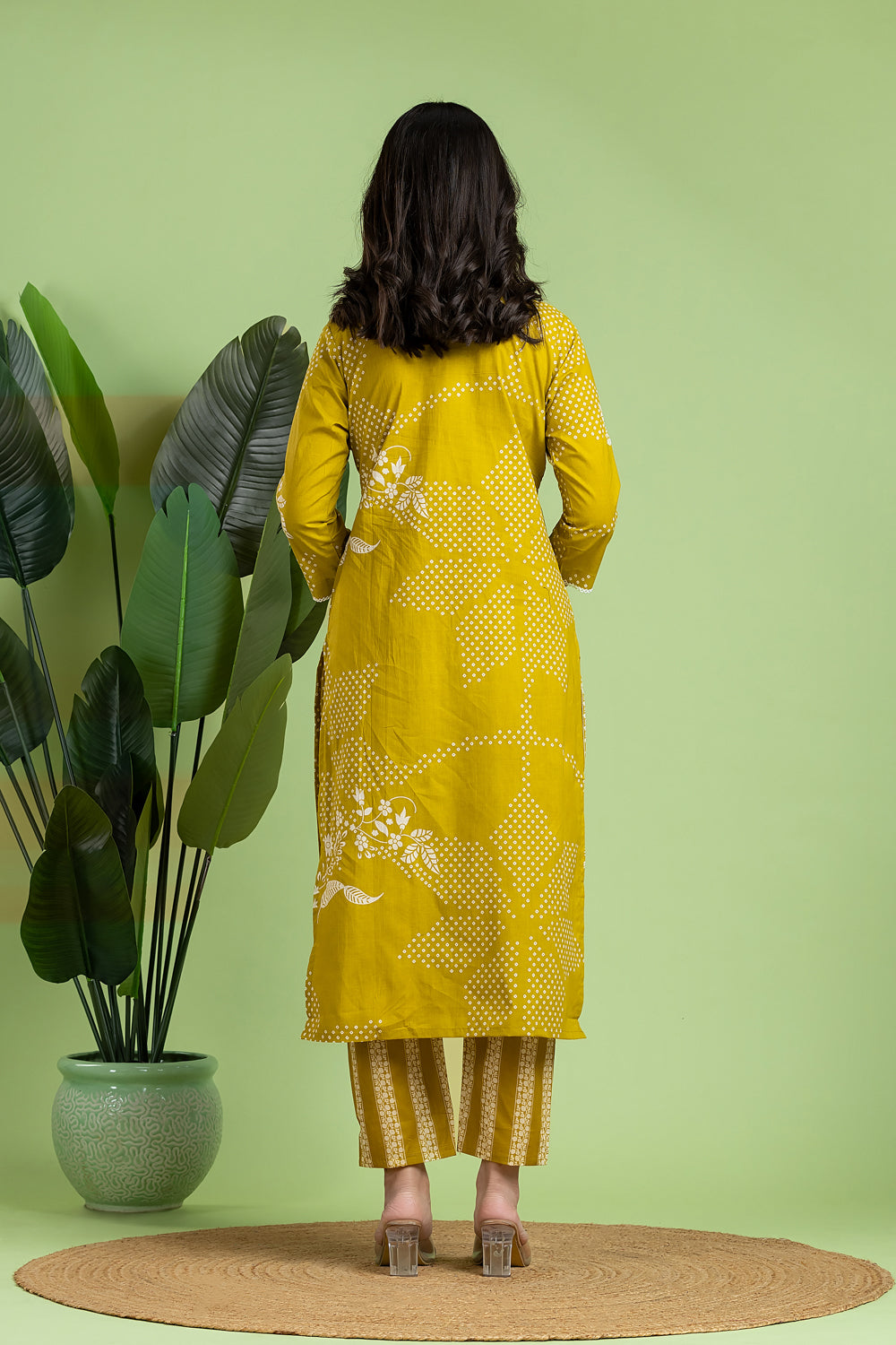 Yellow Green Floral Print Embroidered Kurta With Pant