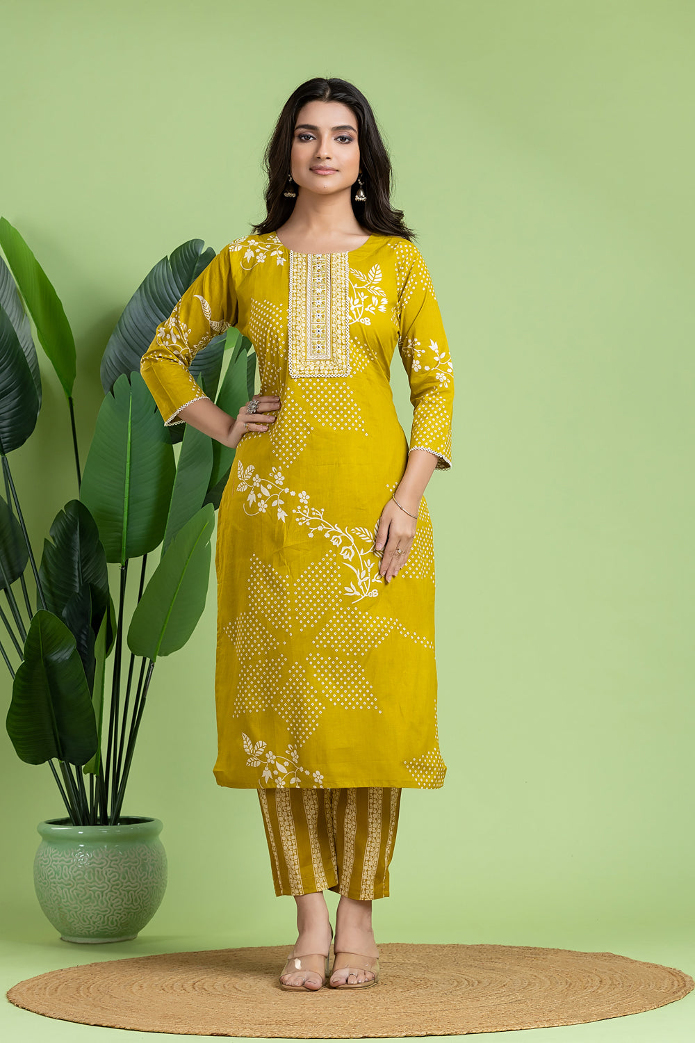 Yellow Green Floral Print Embroidered Kurta With Pant
