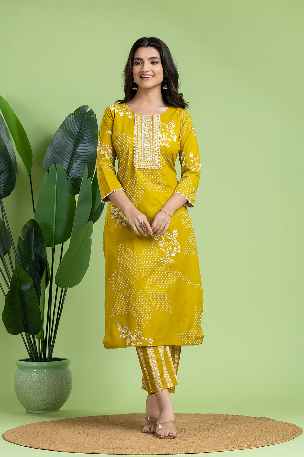 Yellow Green Floral Print Embroidered Kurta With Pant