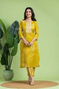 Yellow Green Floral Print Embroidered Kurta With Pant