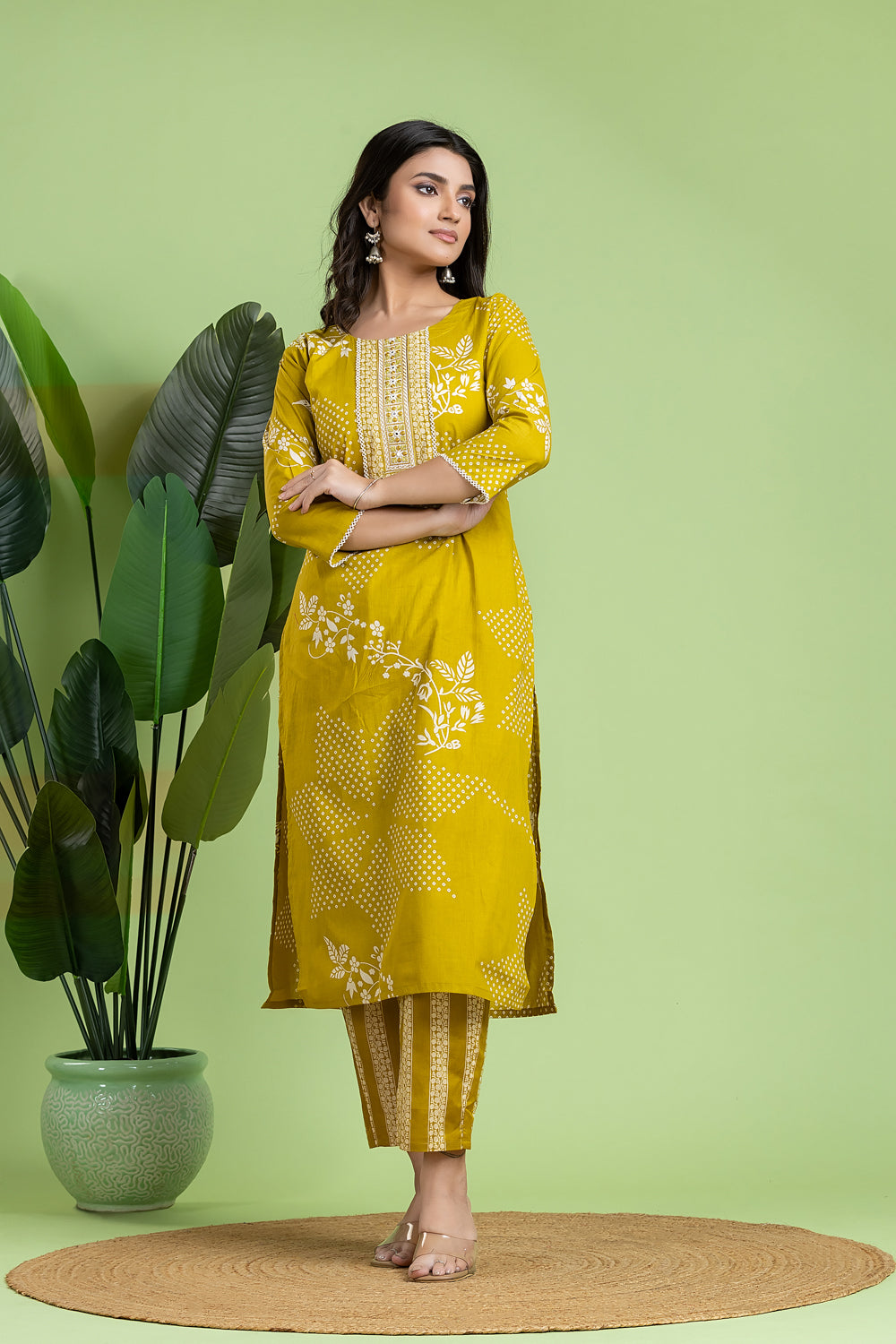 Yellow Green Floral Print Embroidered Kurta With Pant