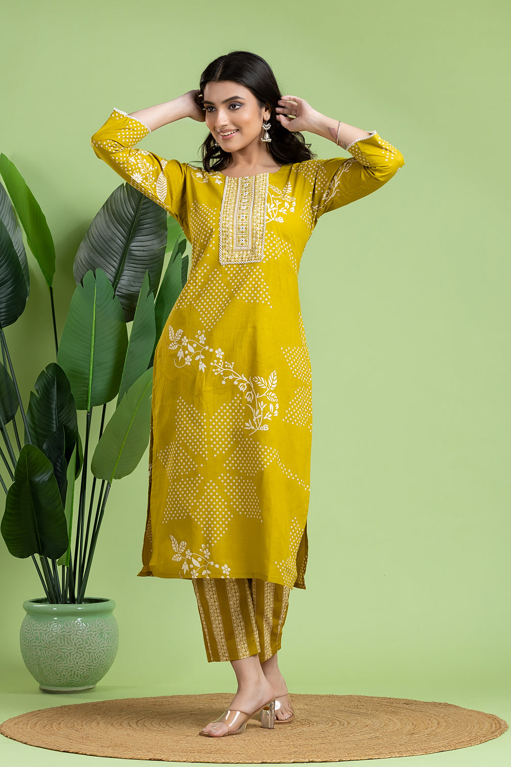 Yellow Green Floral Print Embroidered Kurta With Pant