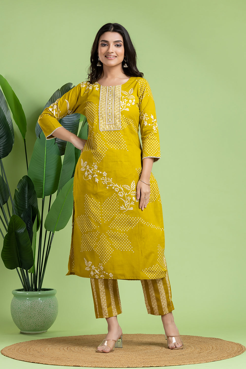 Yellow Green Floral Print Embroidered Kurta With Pant