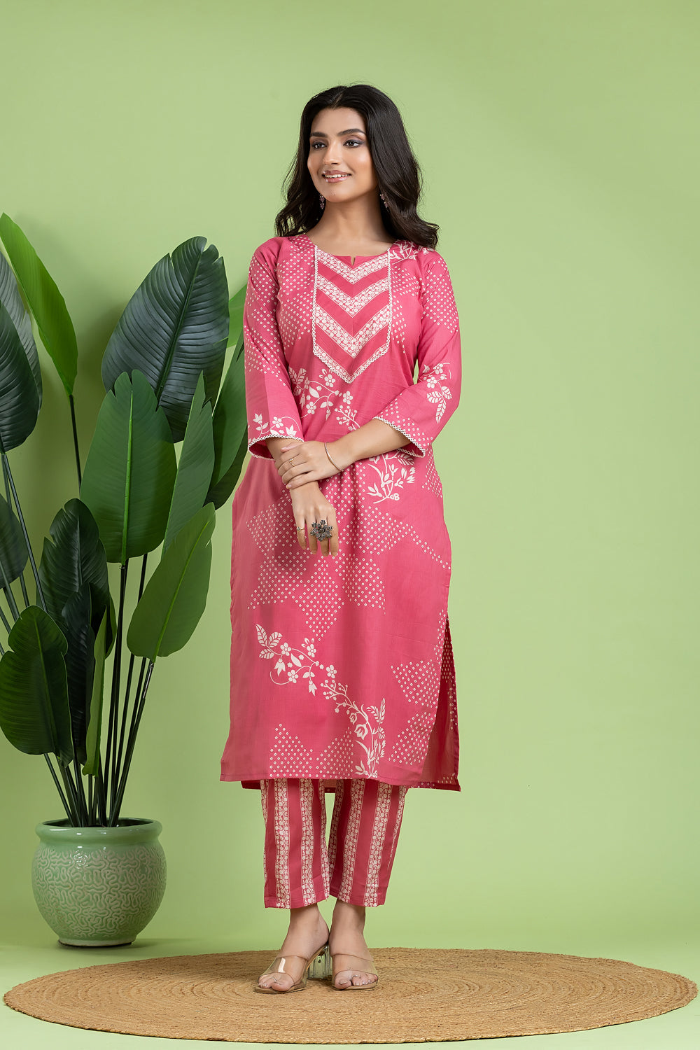 Pink Floral Print Kurta With Pant
