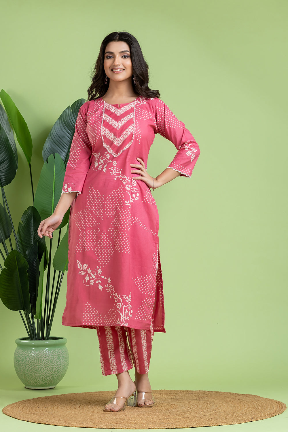Pink Floral Print Kurta With Pant