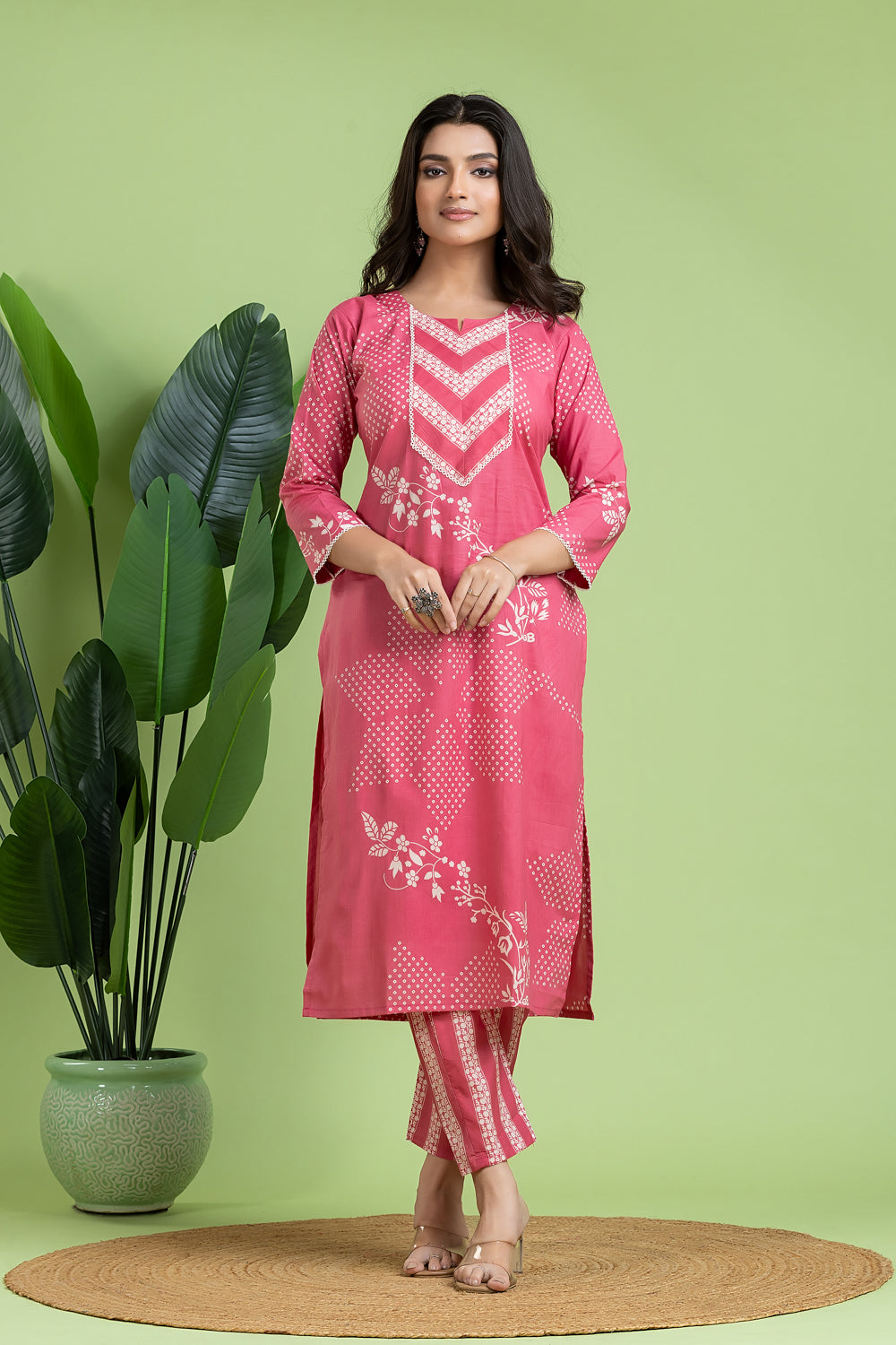 Pink Floral Print Kurta With Pant