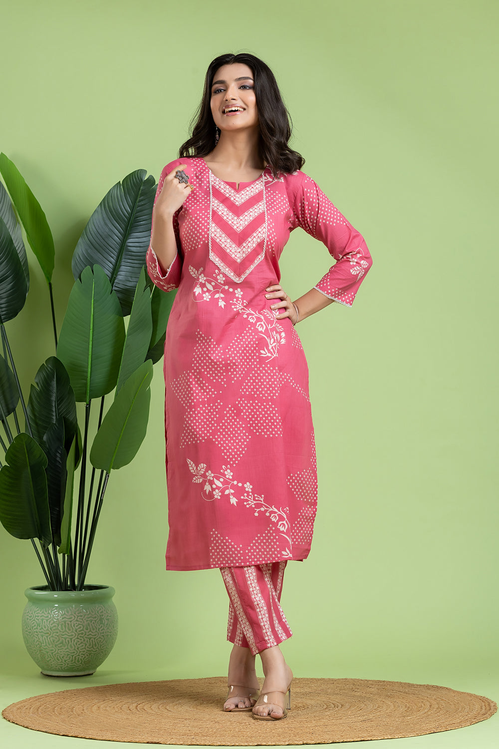 Pink Floral Print Kurta With Pant