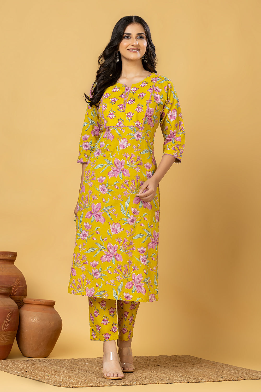 Yellow & purple Floral Print Kurta With Pant