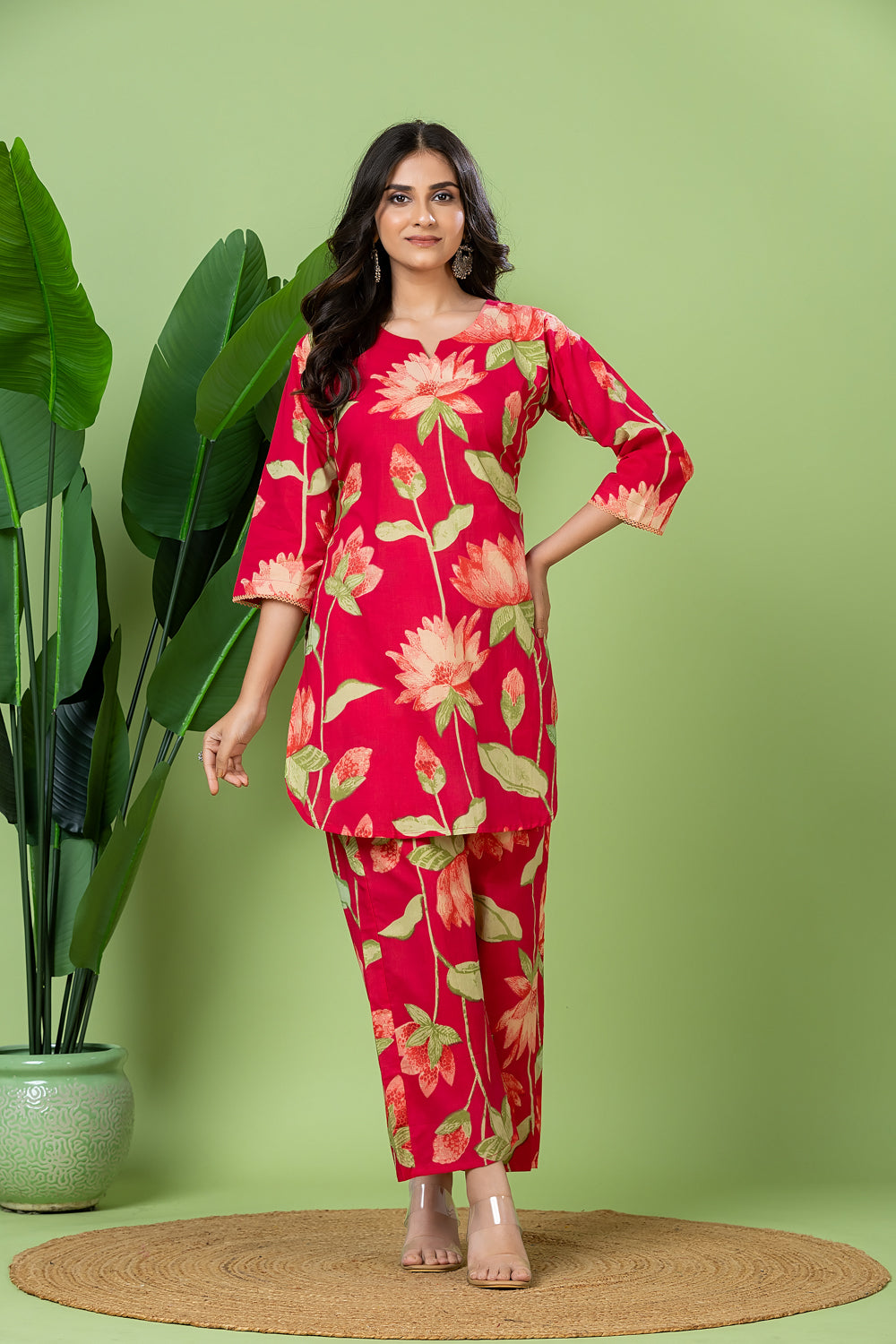 Reddish Pink Floral Print Co-ord Set