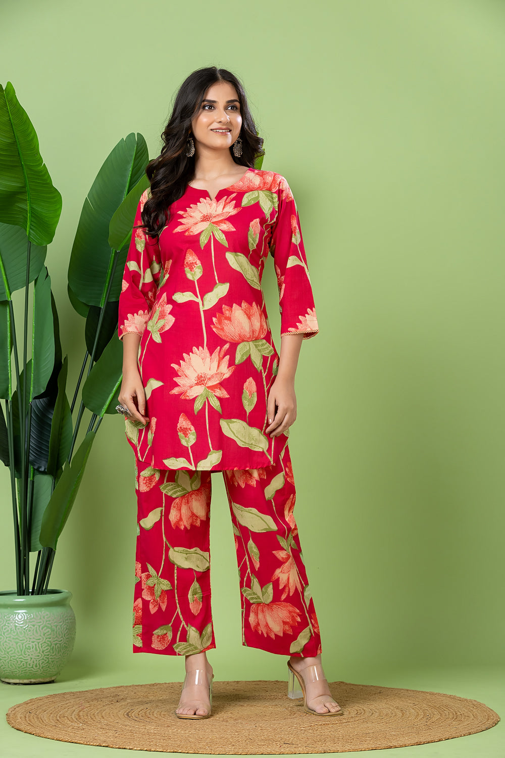 Reddish Pink Floral Print Co-ord Set