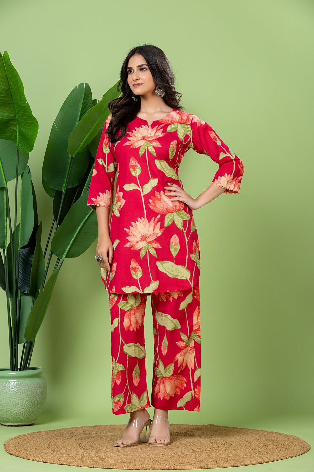 Reddish Pink Floral Print Co-ord Set