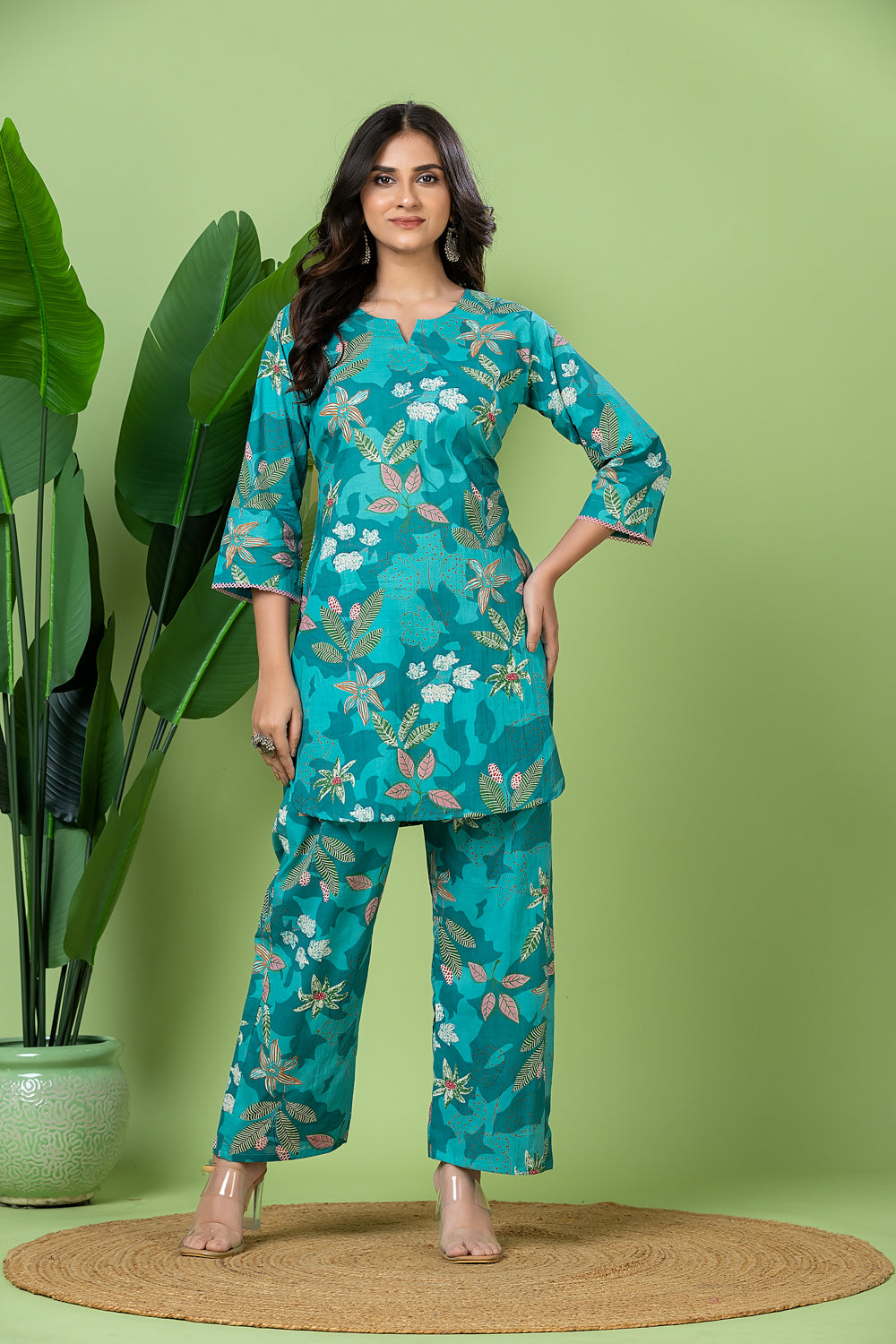 Turquoise Green Floral Print Co-ord Set
