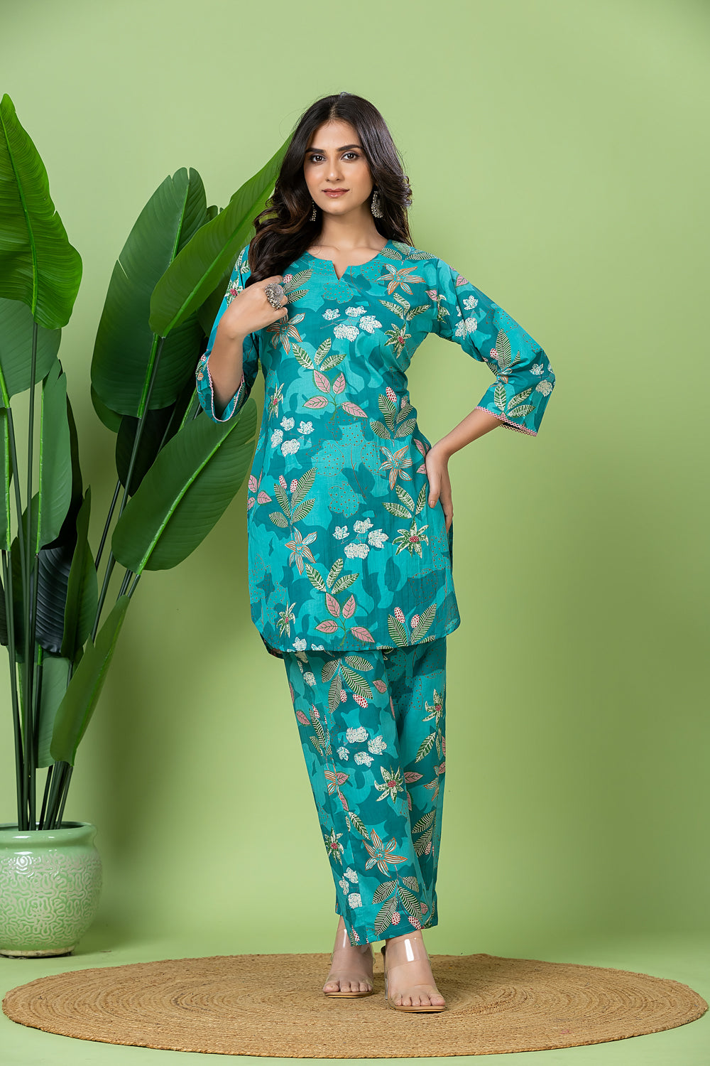 Turquoise Green Floral Print Co-ord Set