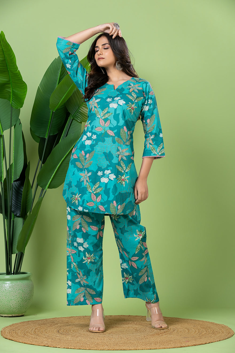 Turquoise Green Floral Print Co-ord Set
