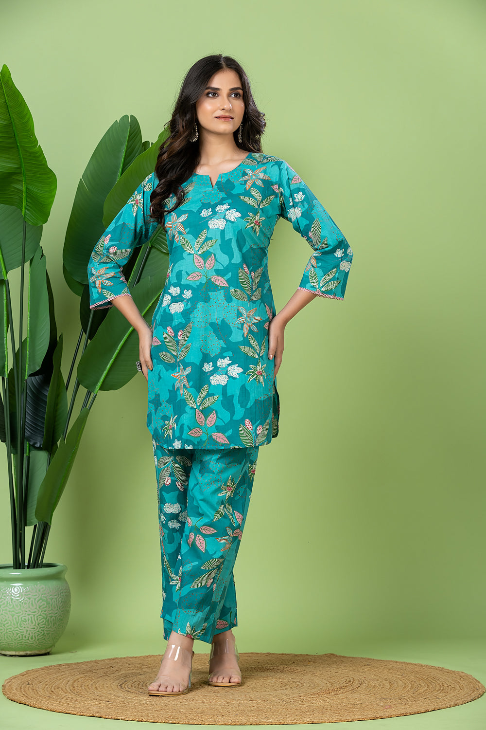 Turquoise Green Floral Print Co-ord Set