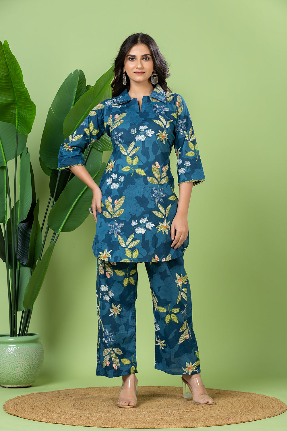 Teal Blue Floral Print Co-ord Set