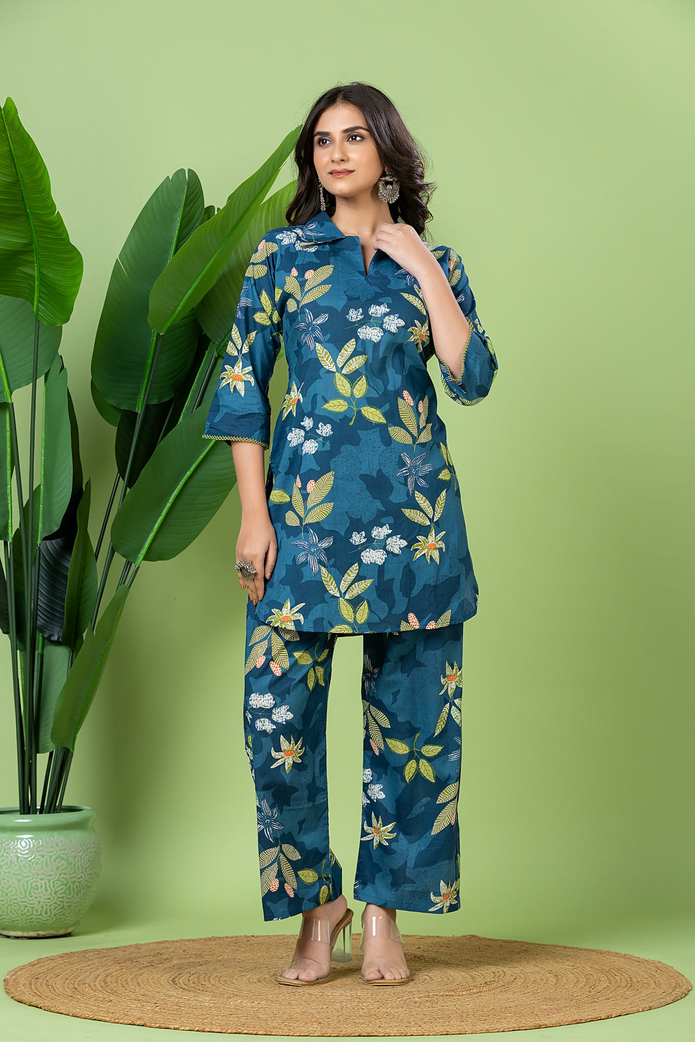 Teal Blue Floral Print Co-ord Set