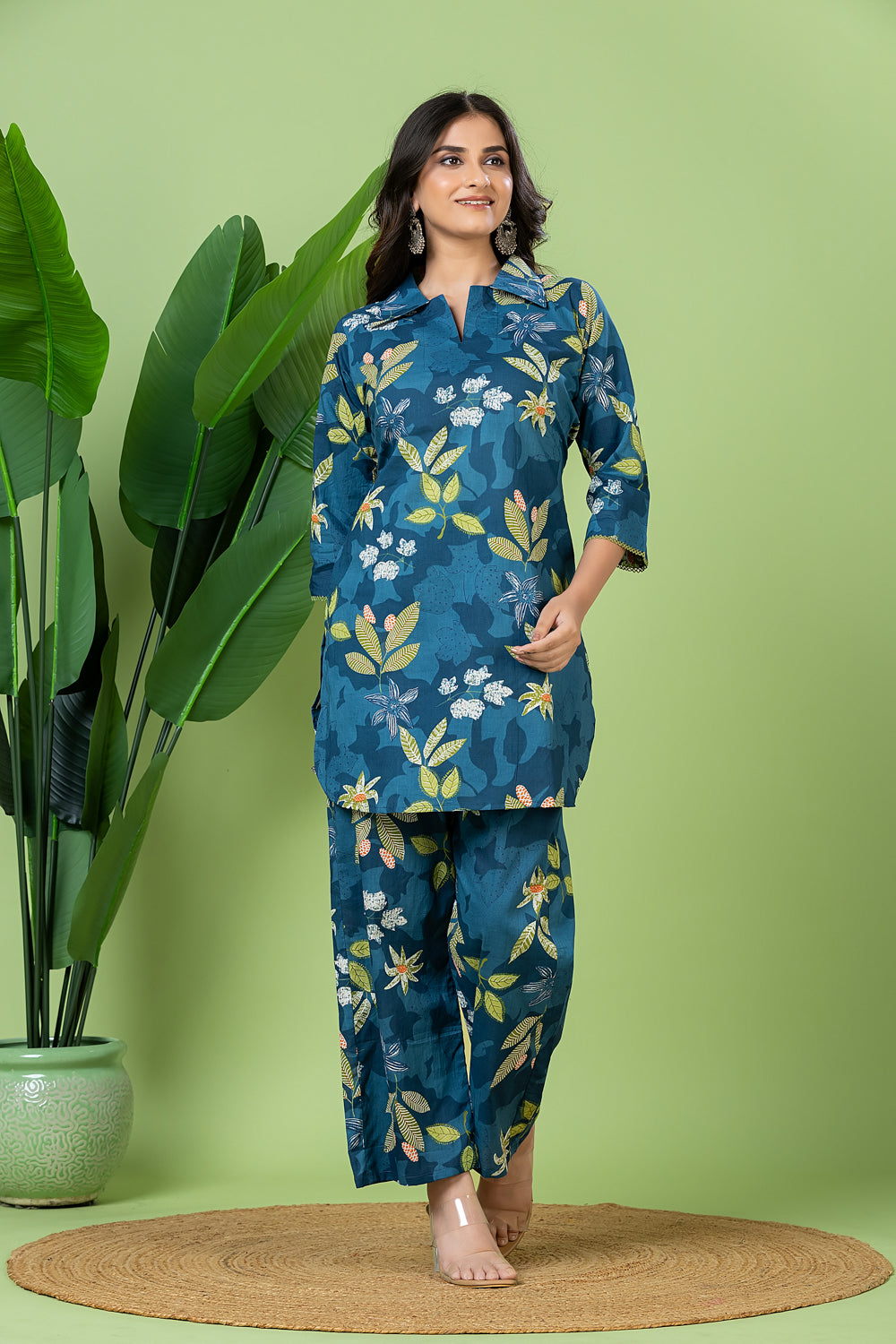 Teal Blue Floral Print Co-ord Set