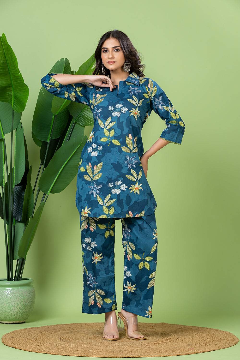 Teal Blue Floral Print Co-ord Set