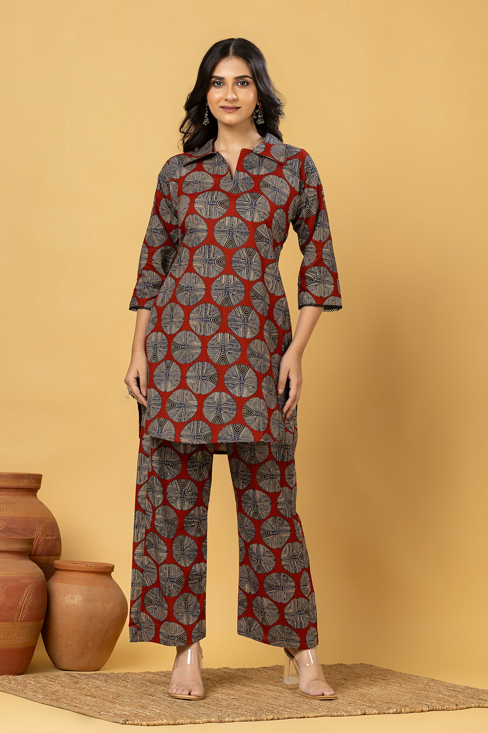 Maroon Geometric Print Co-ord Set