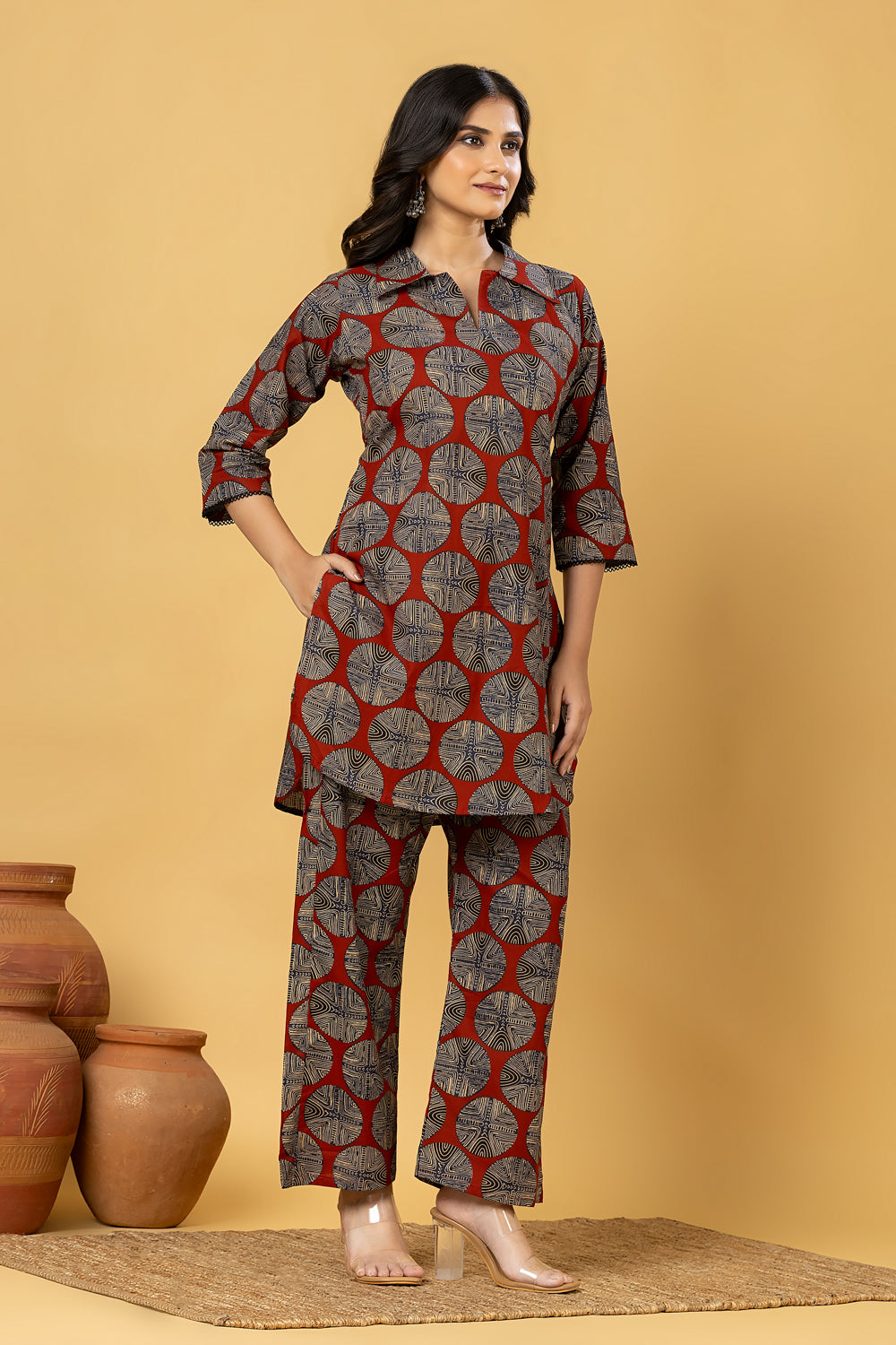 Maroon Geometric Print Co-ord Set