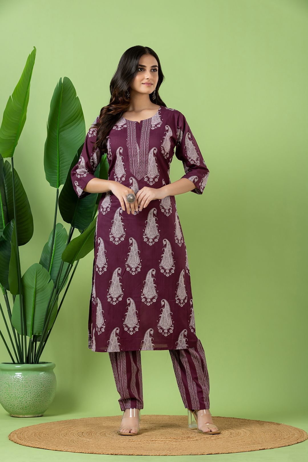 Purple Paisley Print Kurta With Pant